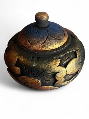 Decorative Round Carved Wood Trinket Box from Bali, 'Denpasar Treasure'